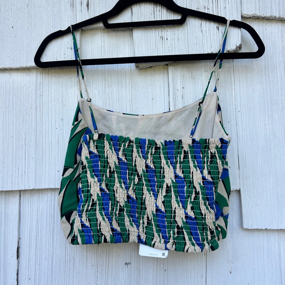 Zara Women's Smocked Cropped Tank Top Blue Green Print Spaghetti Straps L - Picture 5 of 9